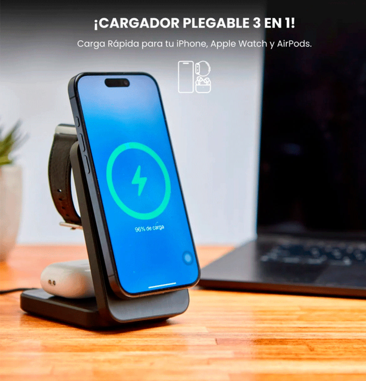 Cargador inalámbrico plegable 3 en 1 + Auriculares Bluetooth para Apple del 11 al 16.