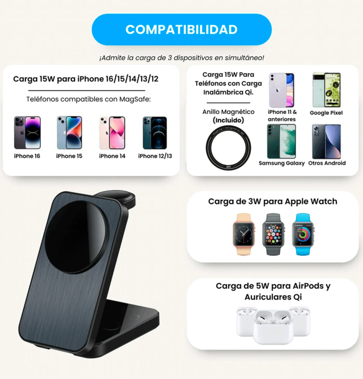 Cargador inalámbrico plegable 3 en 1 + Auriculares Bluetooth para Apple del 11 al 16.