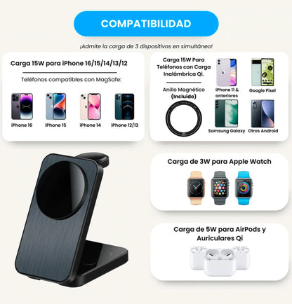 Cargador inalámbrico plegable 3 en 1 + Auriculares Bluetooth para Apple del 11 al 16.